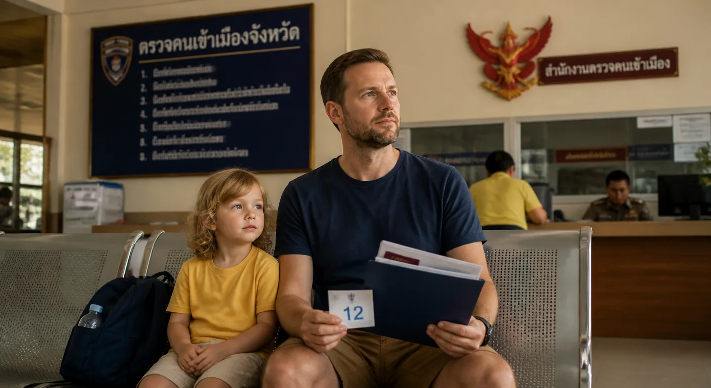 A foreign parent and child waiting with paperwork at a Thai immigration office