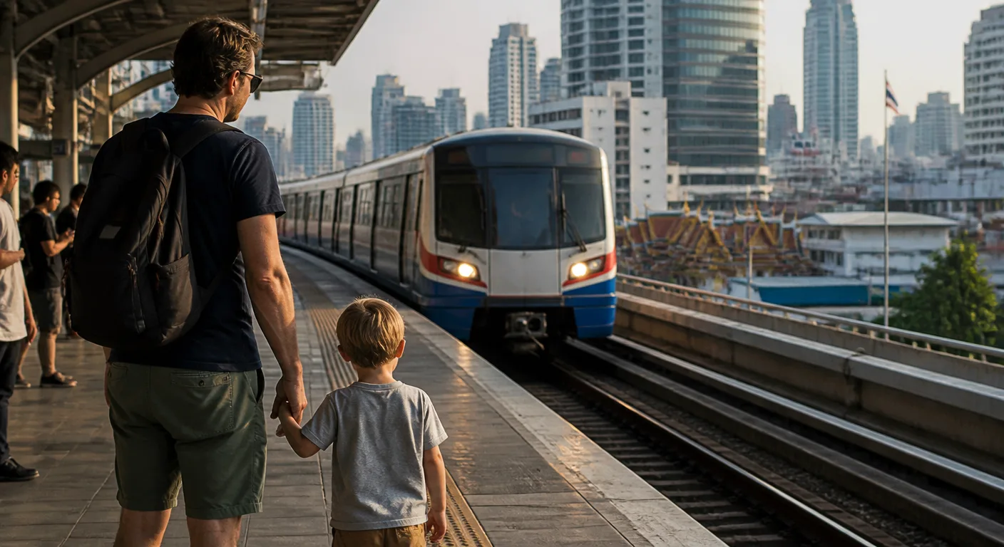 A Western parent and child waiting on a Bangkok Skytrain platform
