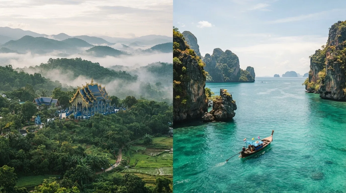 Northern Thailand mountains and Andaman coastline side by side