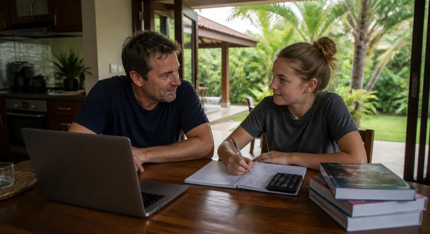 A Western parent and teenage daughter working out a year of homeschooling costs at a kitchen table in Thailand