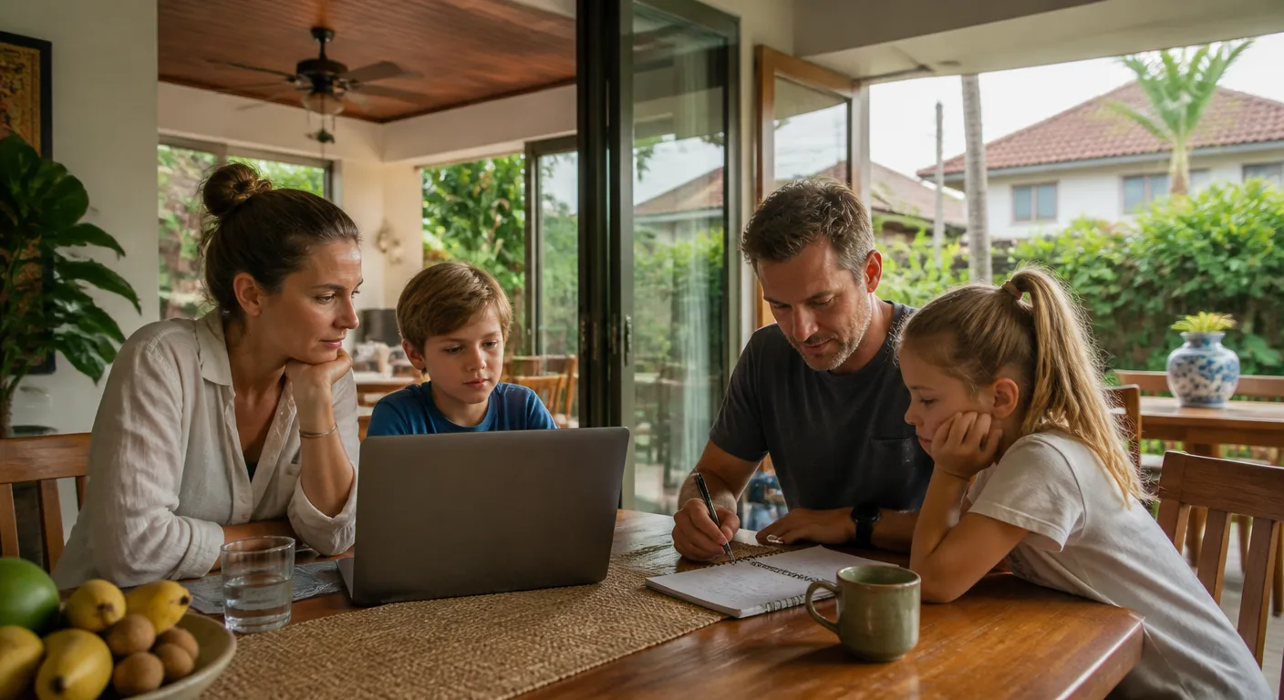 A Western family working through a monthly household budget at home in Chiang Mai