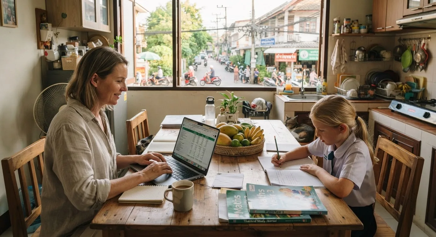 A nomad family reviewing their monthly Thailand budget at home