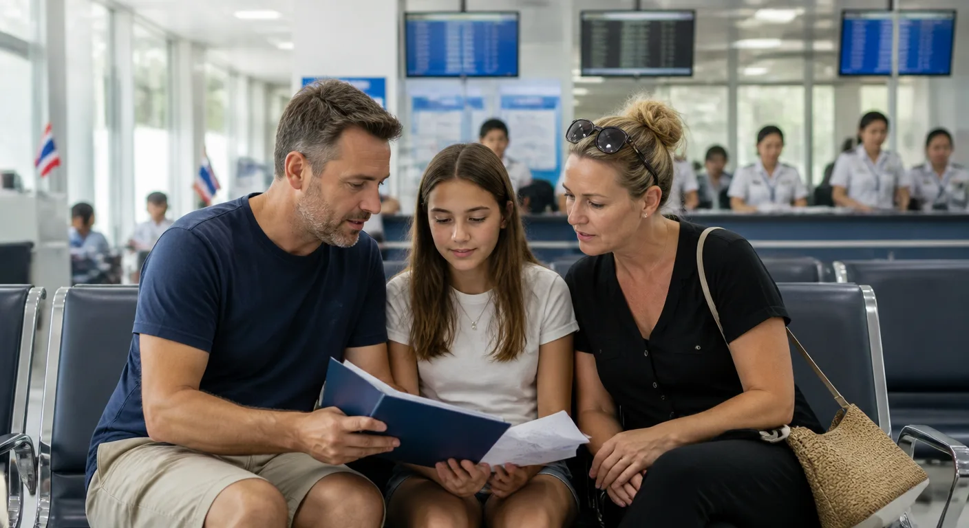 A Western family waiting with their paperwork at a Thai immigration office
