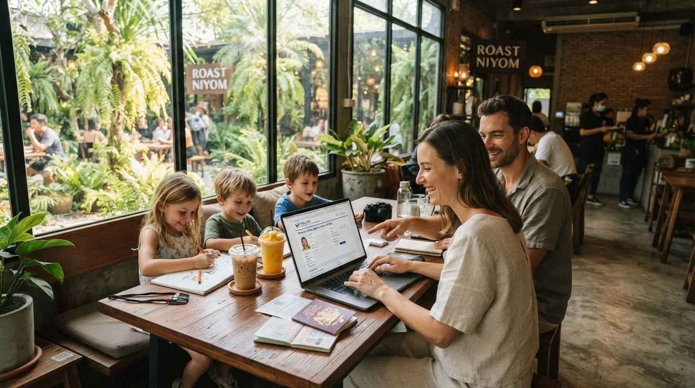 A digital nomad family managing visa paperwork on a laptop in Thailand