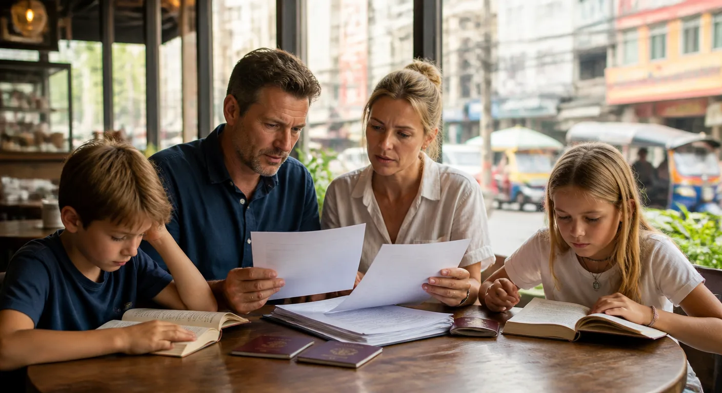 A Western family comparing long-stay visa options for Thailand at a café in Bangkok