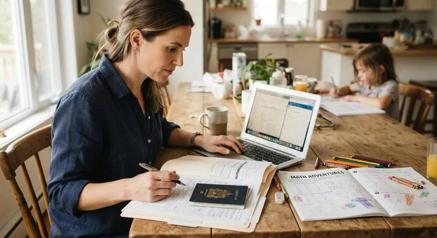 A traveling family organizing home education paperwork and documents