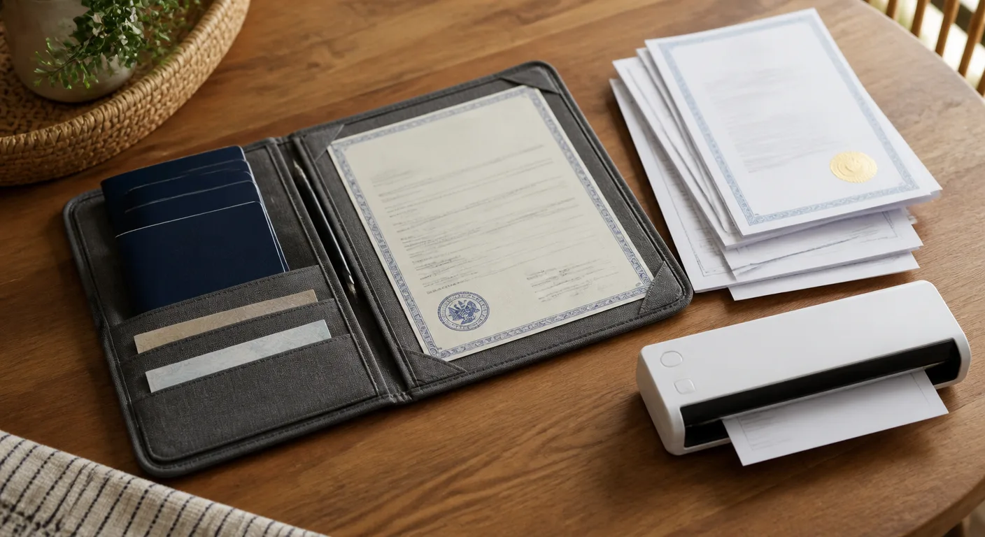 A nomad family's folder of passports, certificates and translations on a table