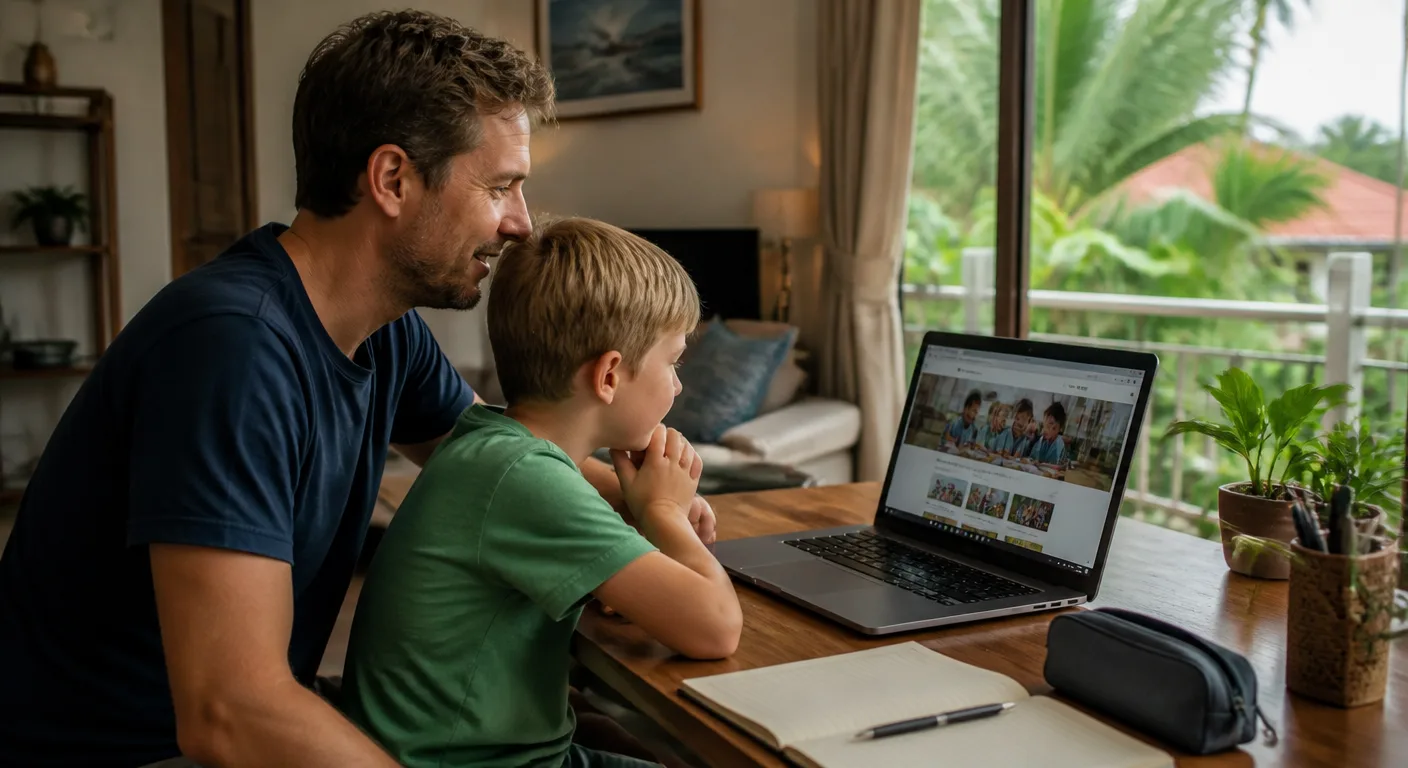 A nomad family comparing online British school options from a rental apartment in Southeast Asia