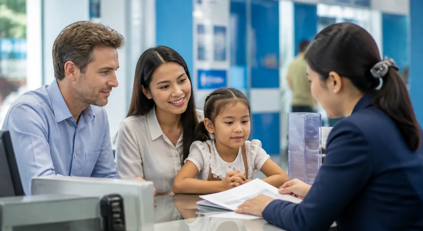 A mixed Thai and European family opening an account at a Thai bank branch