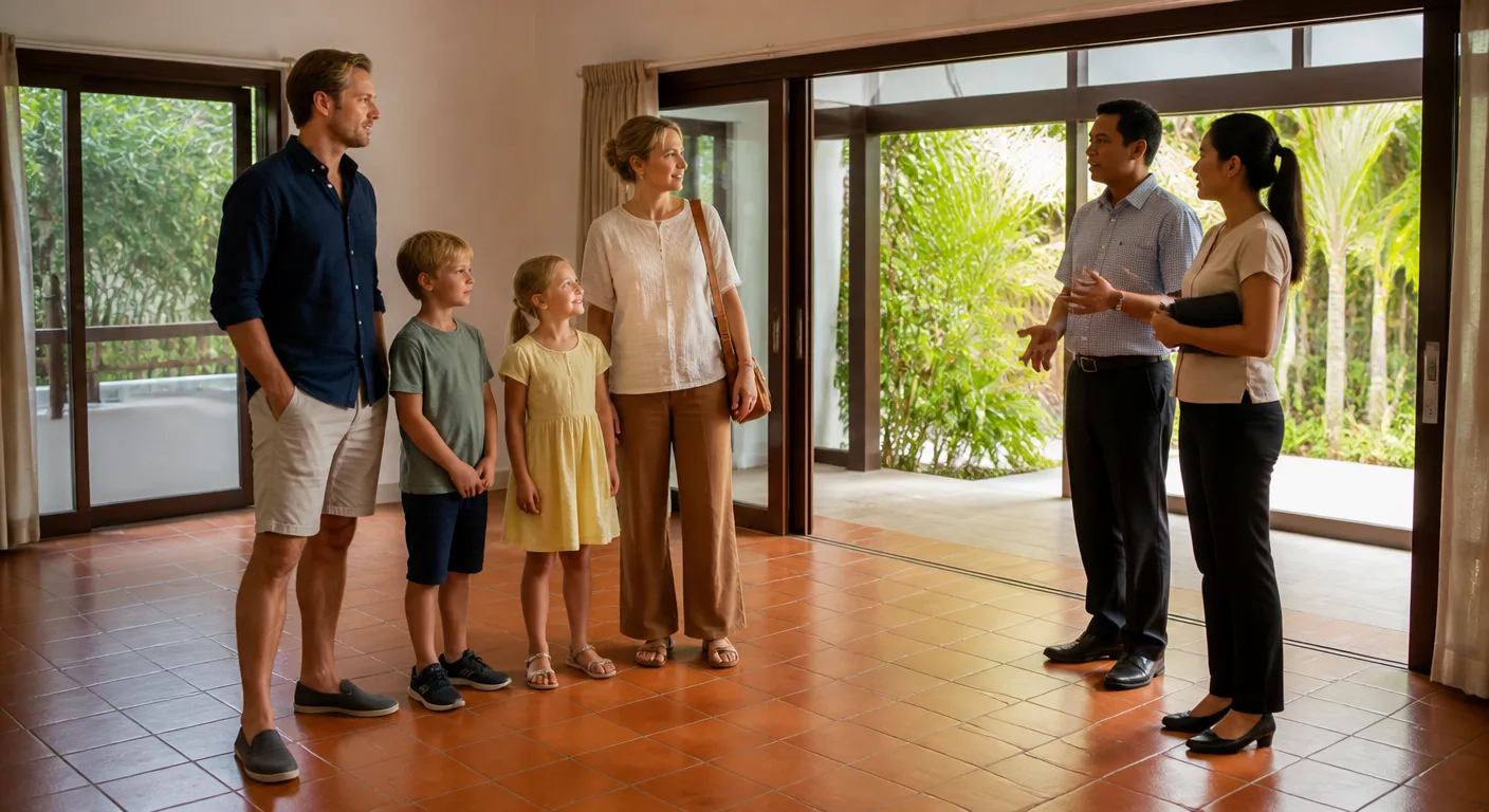 A Western family viewing an empty long-term rental house in Thailand