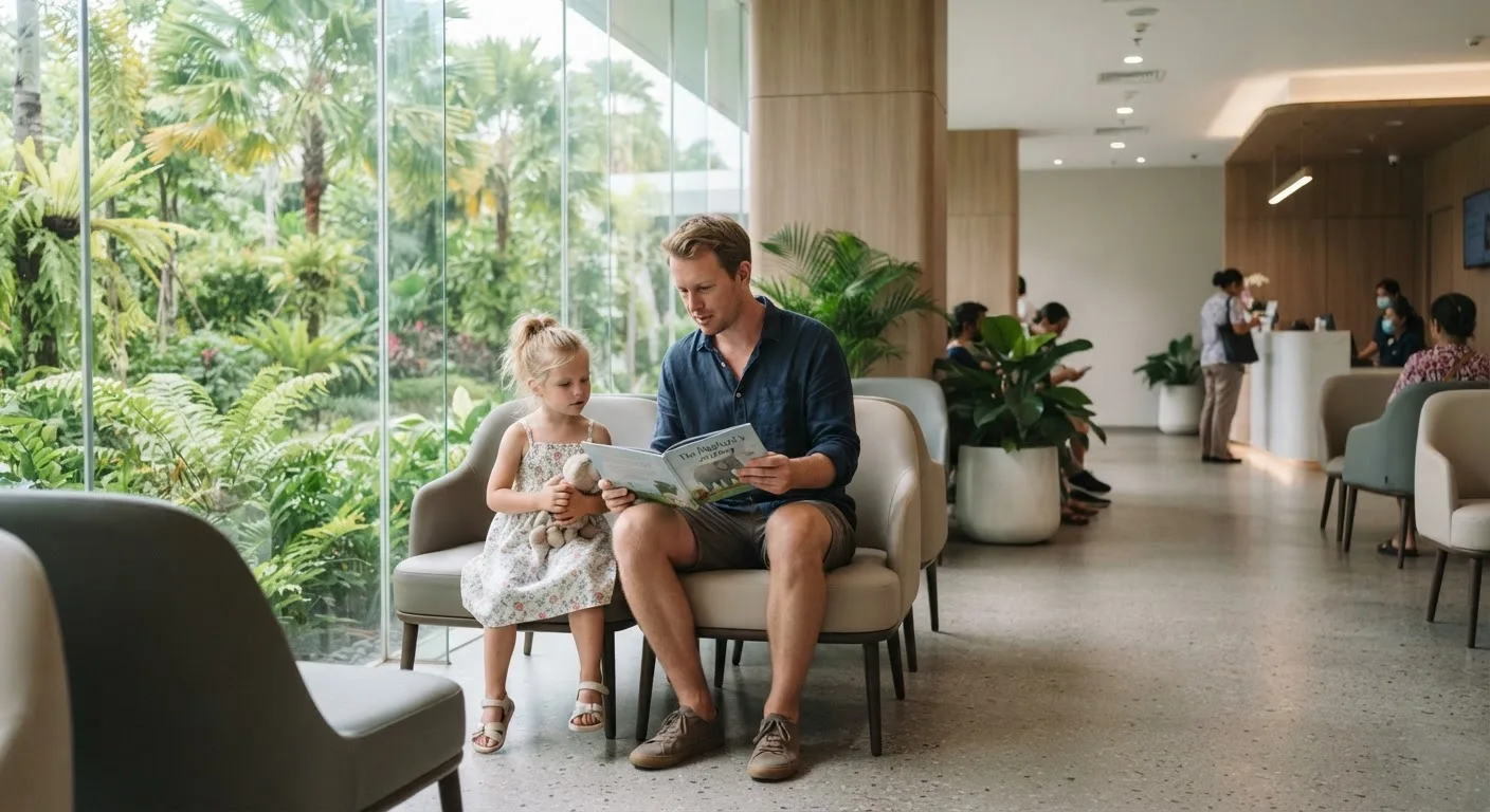 A parent and child waiting at a private hospital in Asia