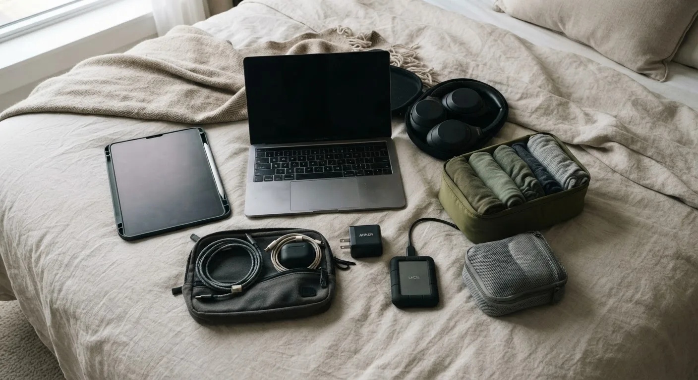 A remote working family's tech kit laid out before packing