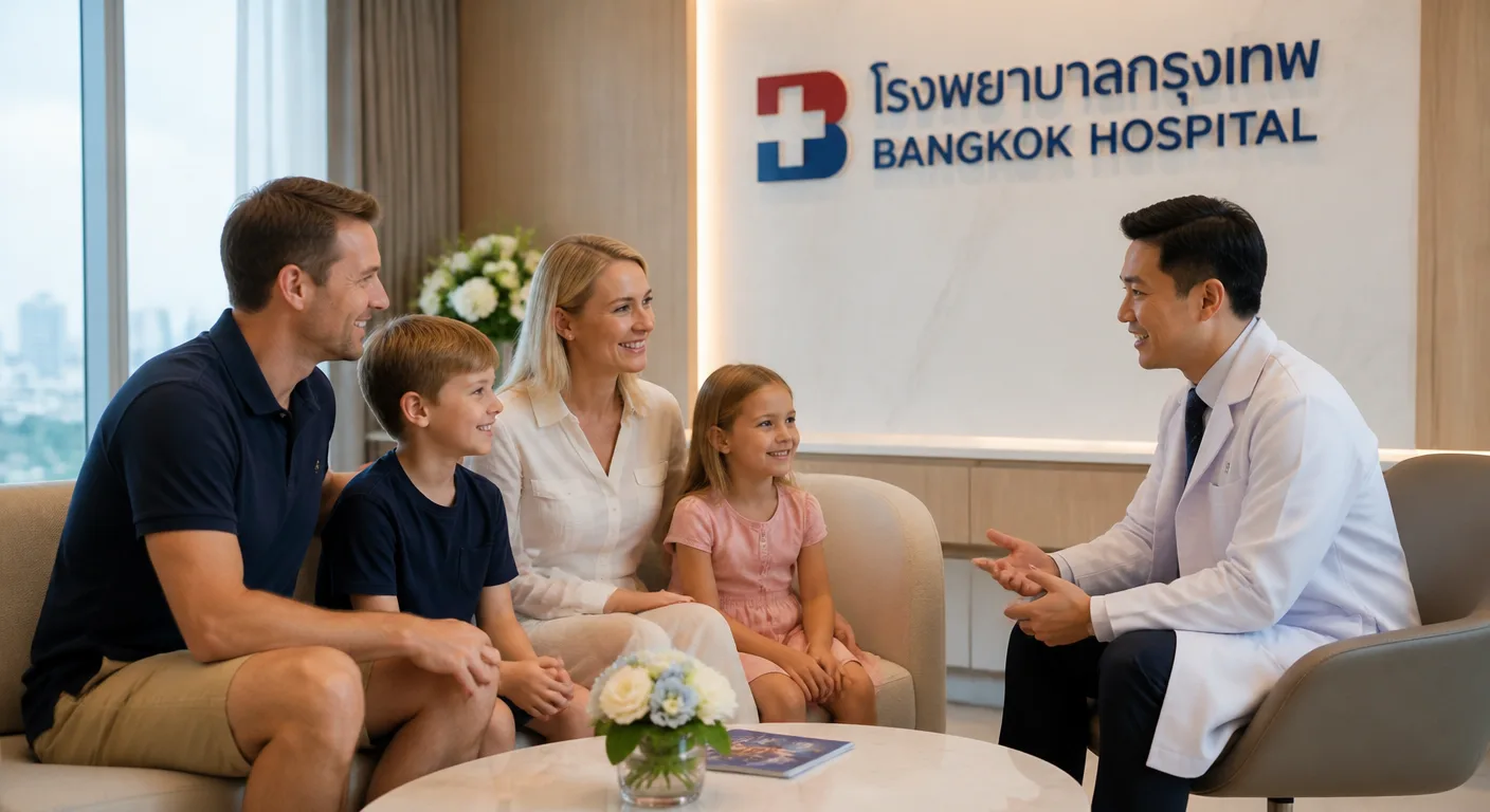 A Western expat family in a consultation room at a Thai private hospital