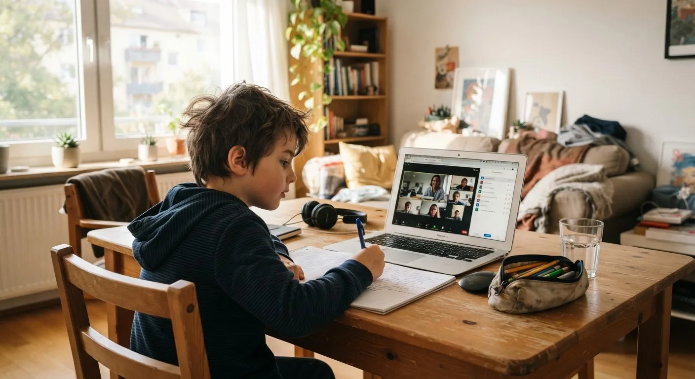 A worldschooling child studying an online curriculum on a laptop