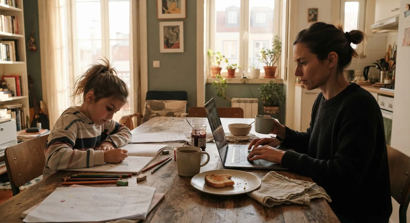 A worldschooling family working and studying together in the morning