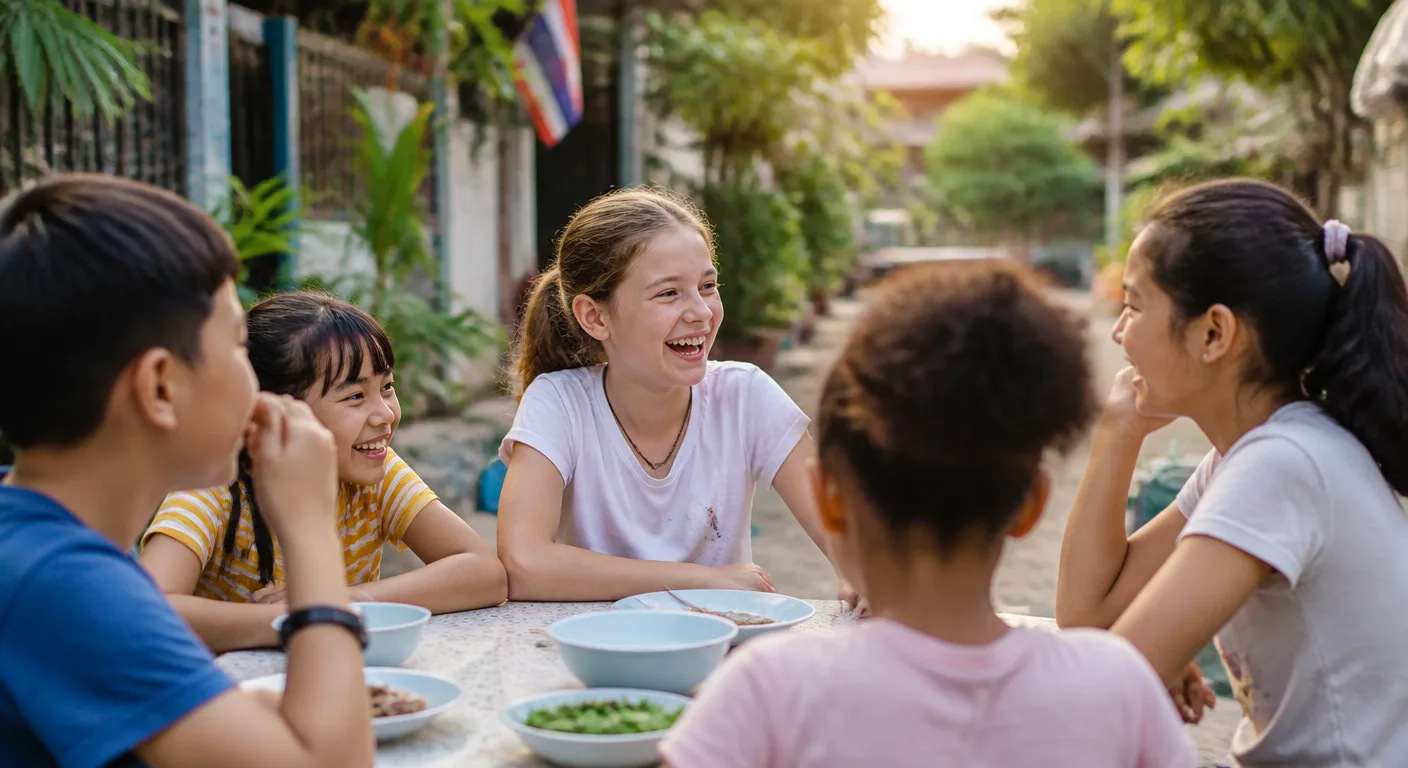 A worldschooled tween laughing with friends from several countries in Thailand