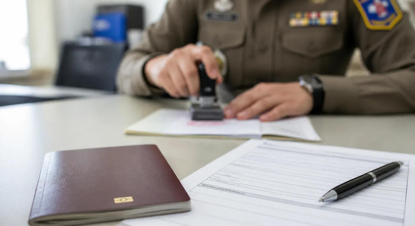 A passport and address notification form on an immigration office counter