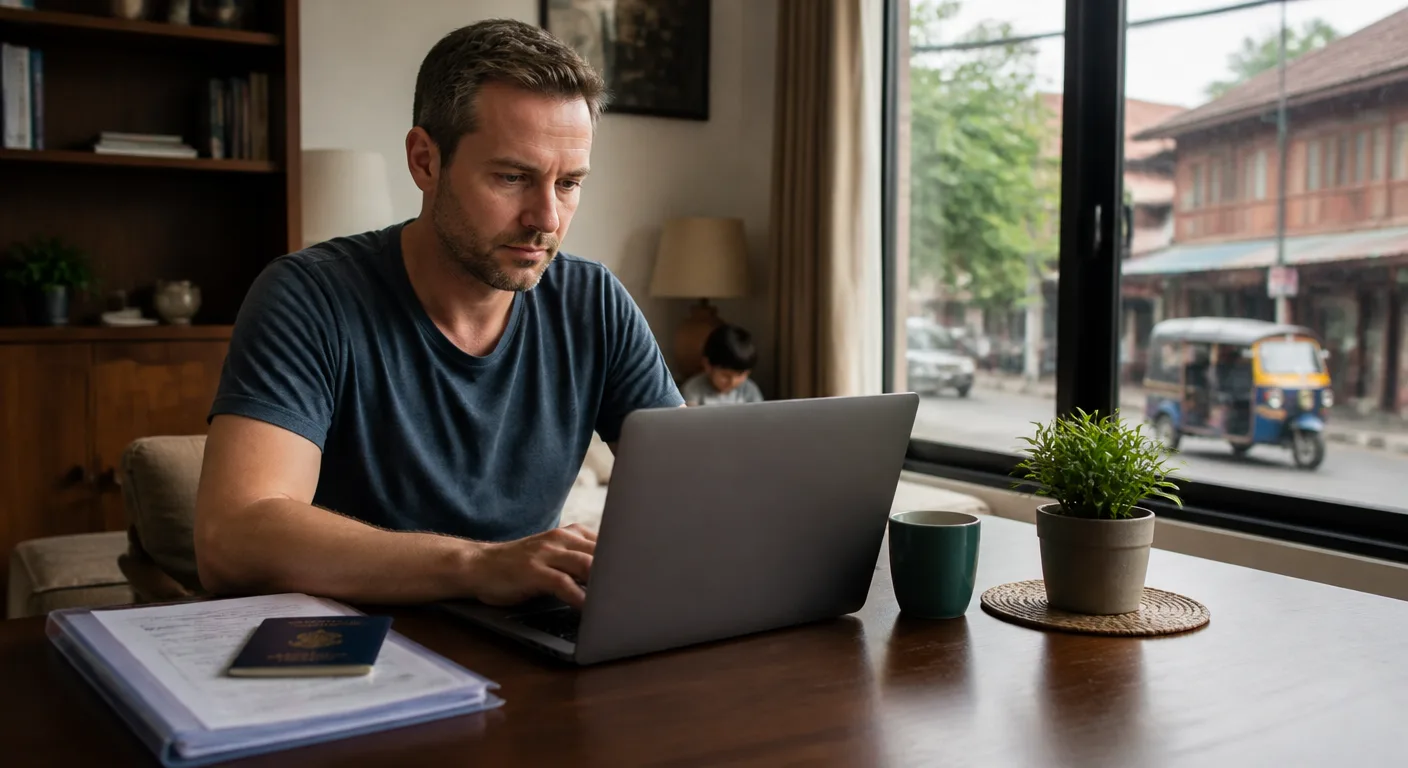 A parent preparing an online 90-day report from a rental home in Thailand