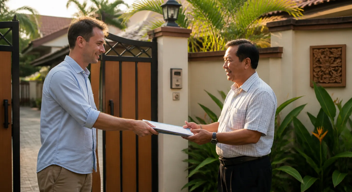 A tenant asking a Thai landlord for the TM30 receipt at the front gate of a rental house