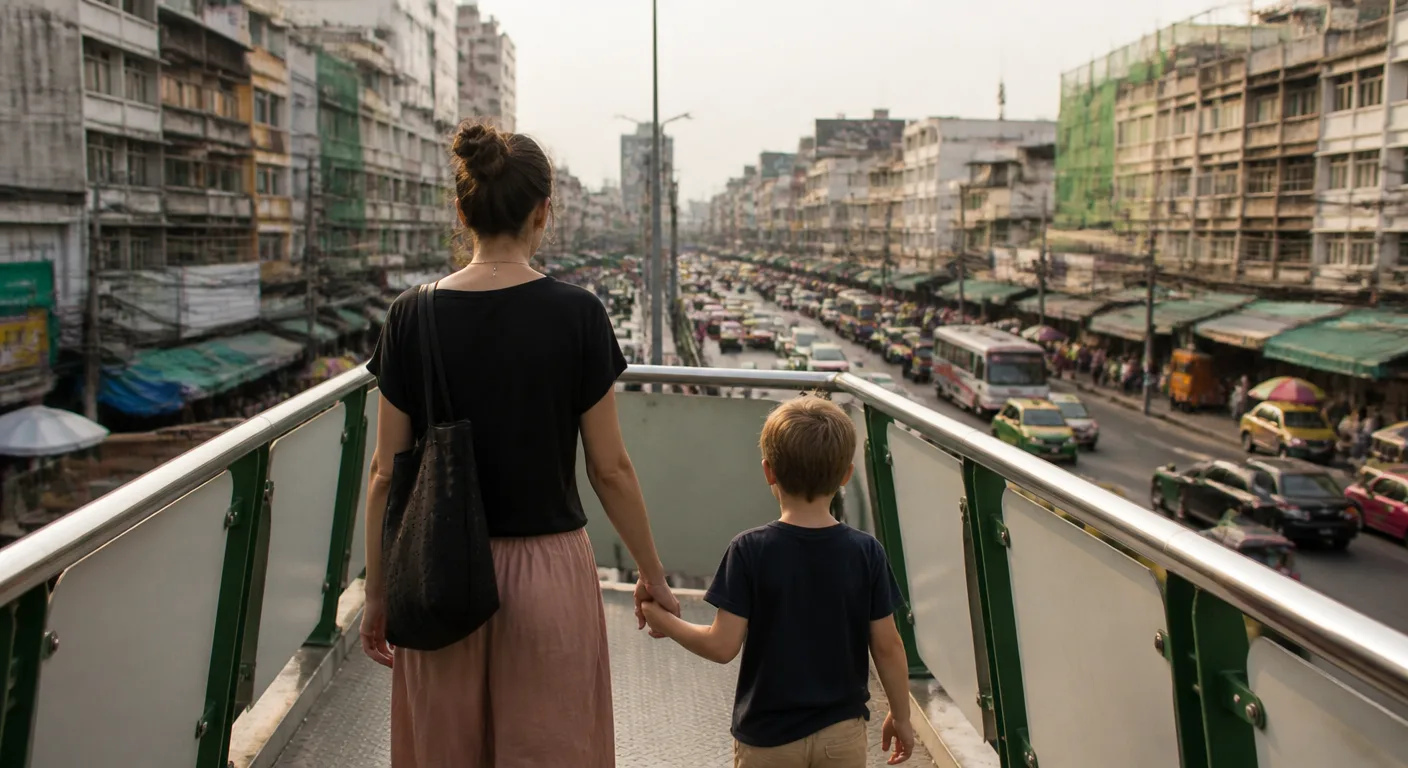 A parent and child crossing a pedestrian bridge above a busy Bangkok street