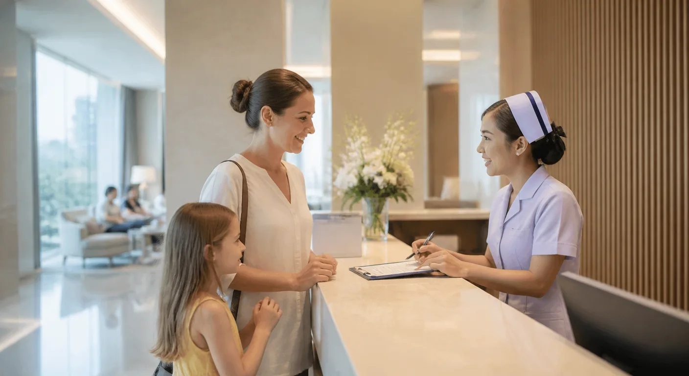 A parent and child at a private hospital reception in Bangkok