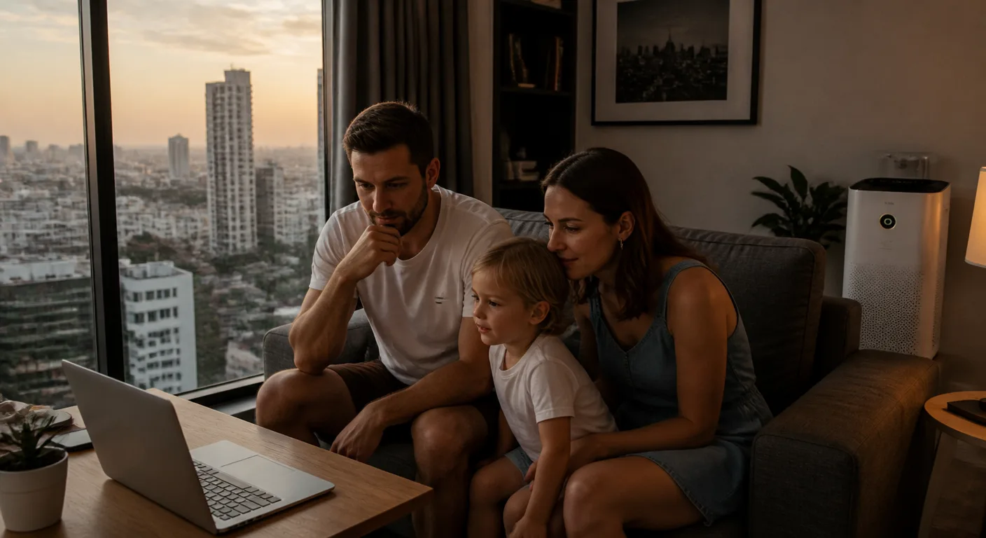 A nomad family in a Bangkok condo with a city view and an air purifier