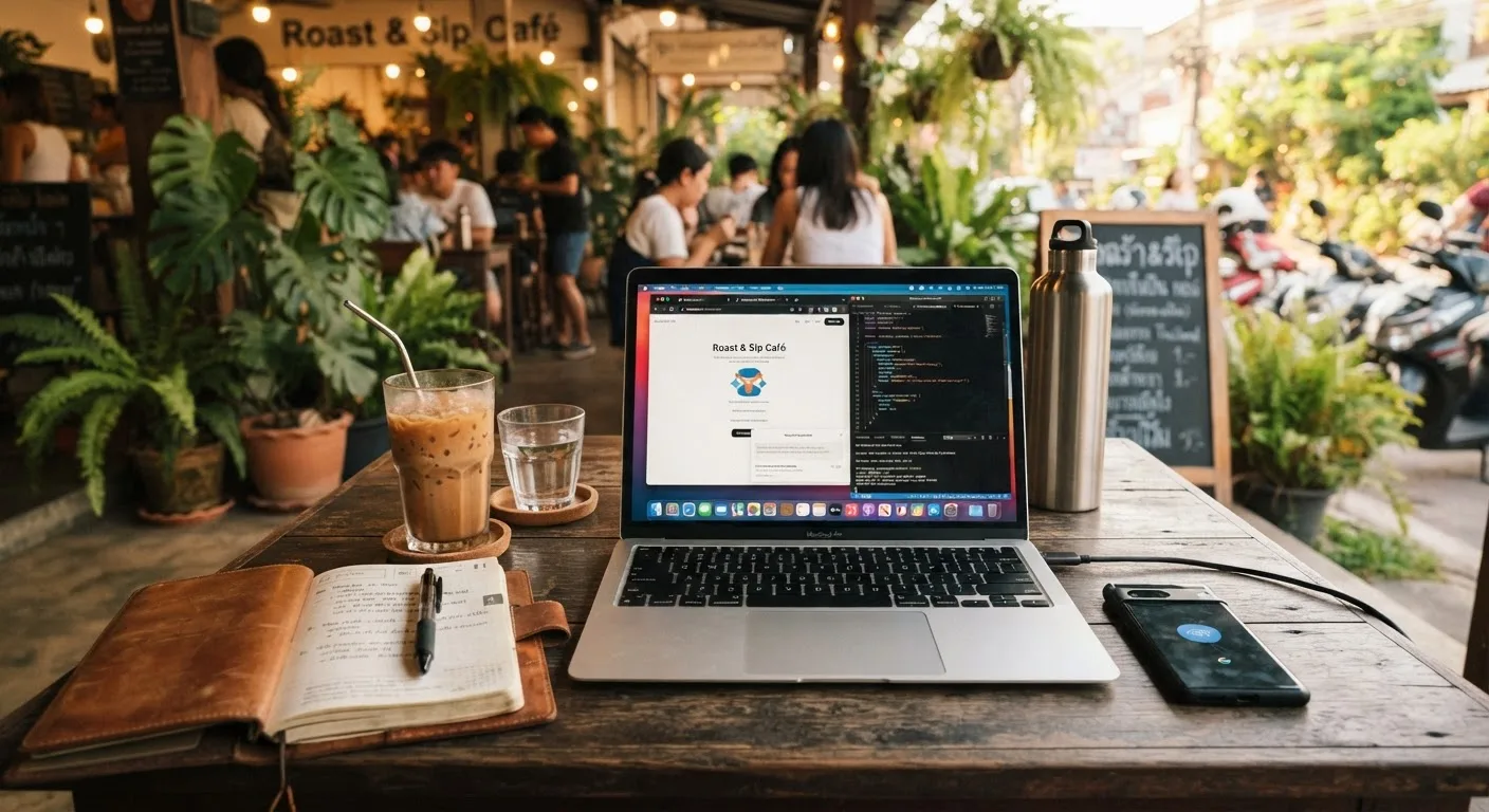 Working from a phone hotspot in a Thai café