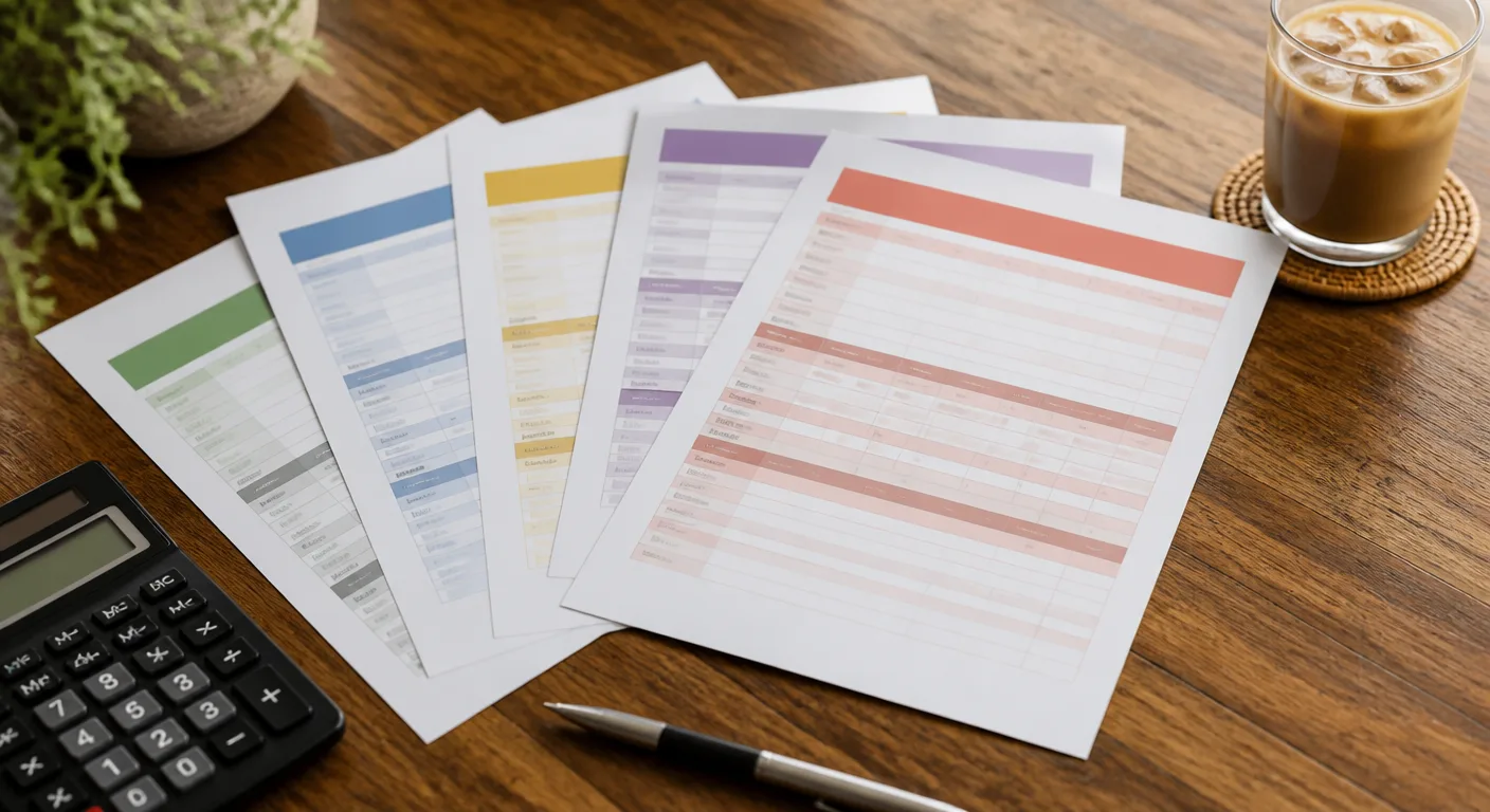 Printed school fee schedules laid out beside a calculator for comparison