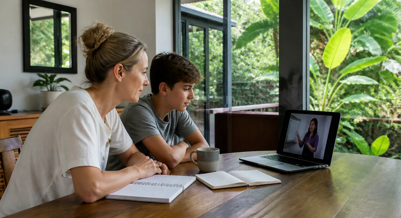 A parent and teenager studying with an online school from a rental house in Chiang Mai