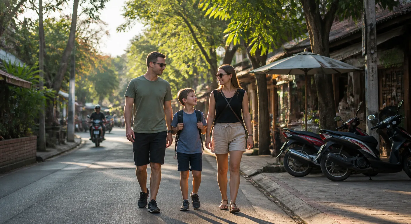 A nomad family walking home in Chiang Mai in the late afternoon