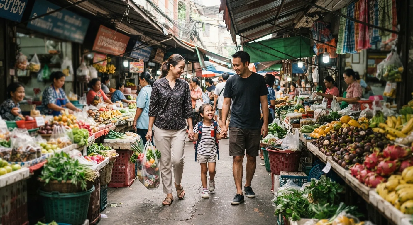A nomad family shopping at a Thai fresh market