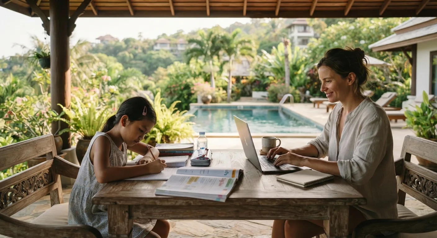Worldschooling family working and studying at a rental villa in Thailand