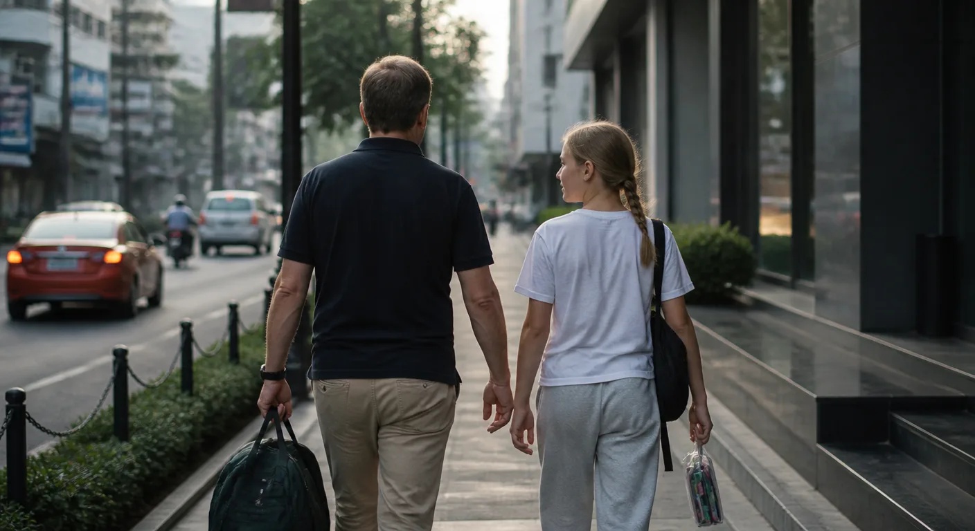 A homeschooled teenager travelling with her father to an exam centre in Bangkok