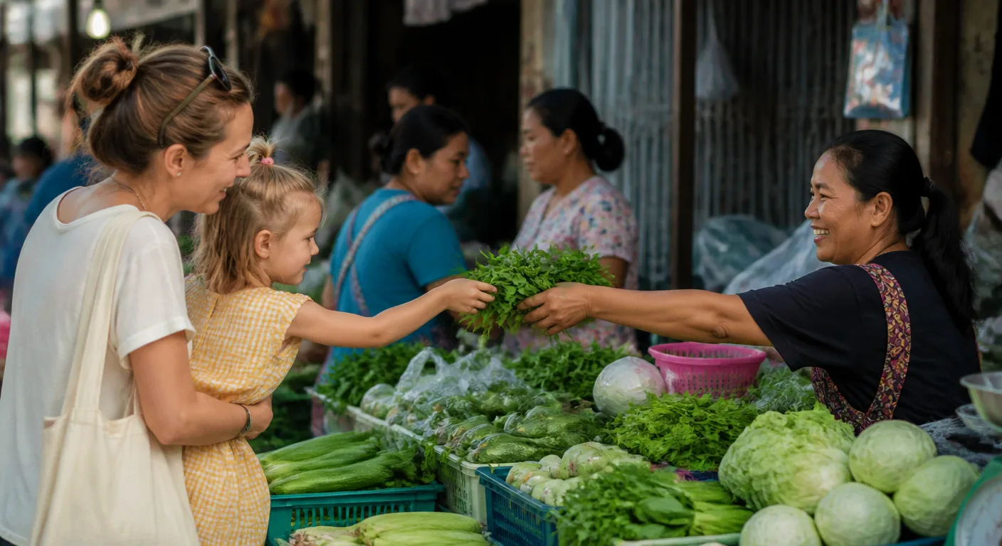 A foreign parent and child shopping for groceries at a Chiang Mai fresh market