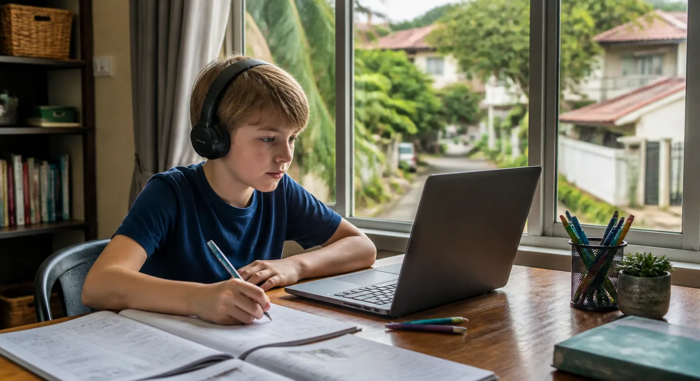 A worldschooled child studying a UK distance-learning course from home in Chiang Mai