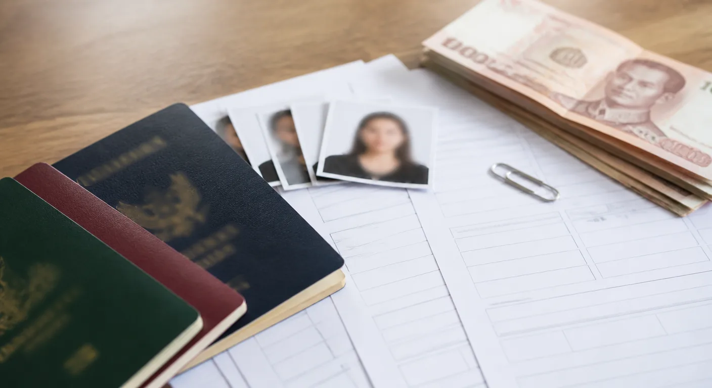 Passports, photos and baht notes prepared for a family's 180-day extension