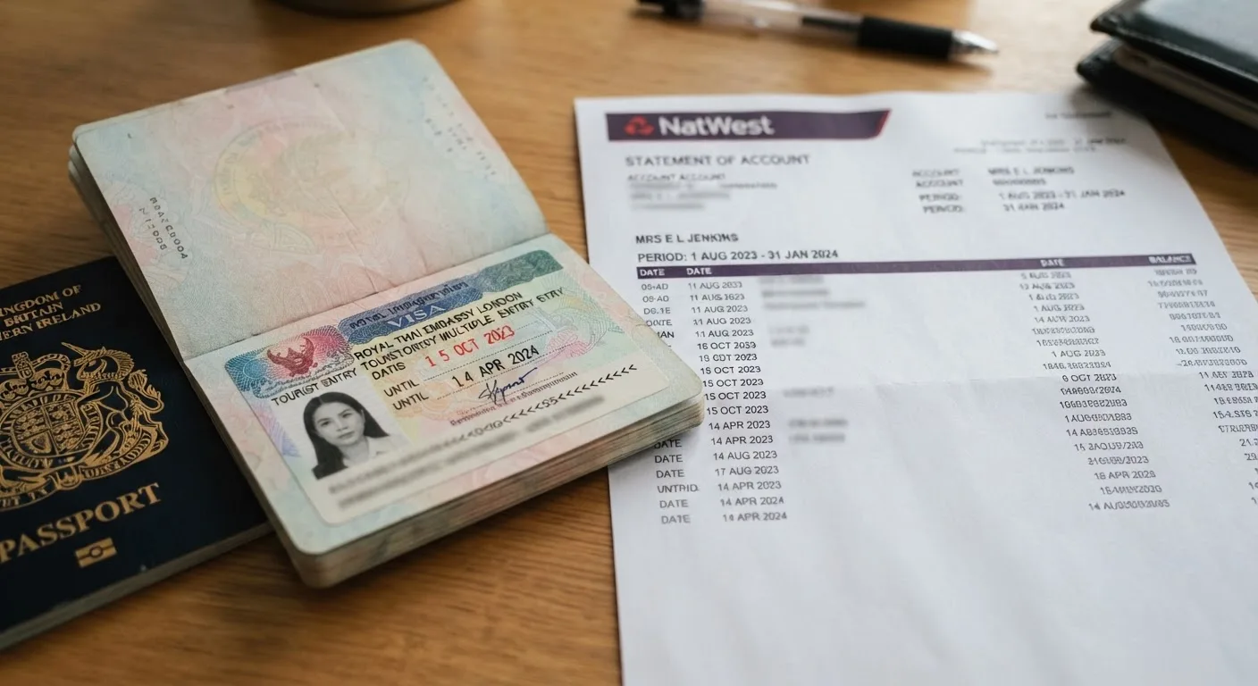 Thai DTV visa approval documents and bank statement on a desk