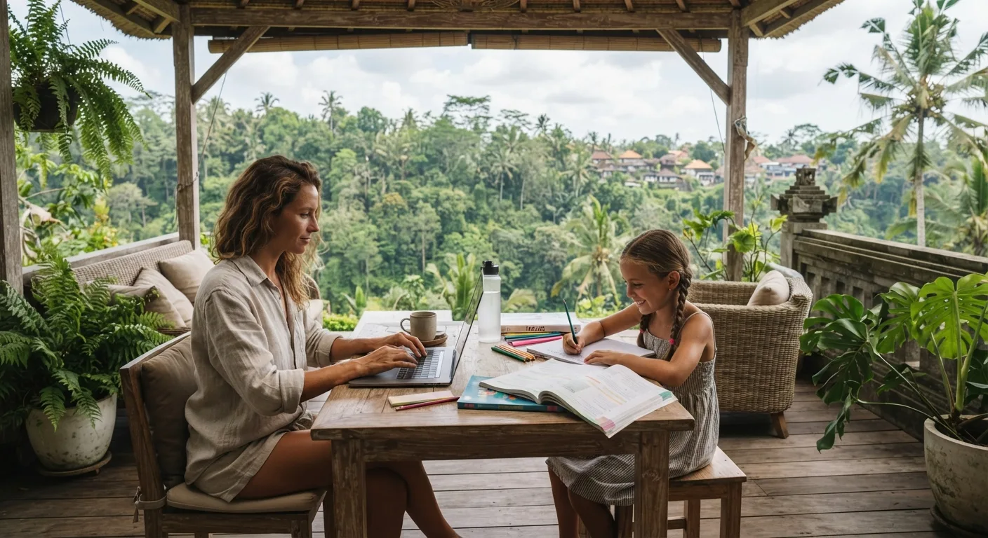 Remote worker parent and child working on worldschooling lessons in Thailand