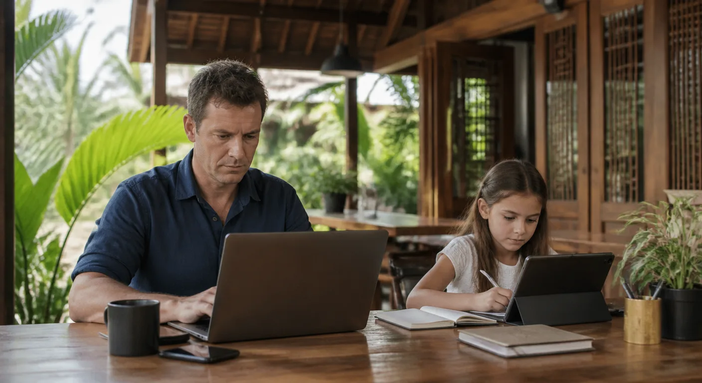A remote-working parent and a child in distance education working side by side in Thailand