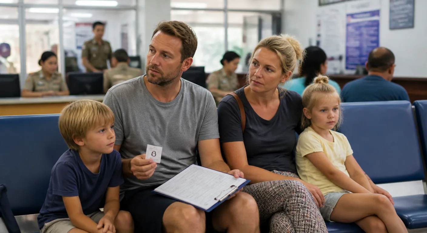 A foreign family waiting at a Thai immigration office with their visa paperwork