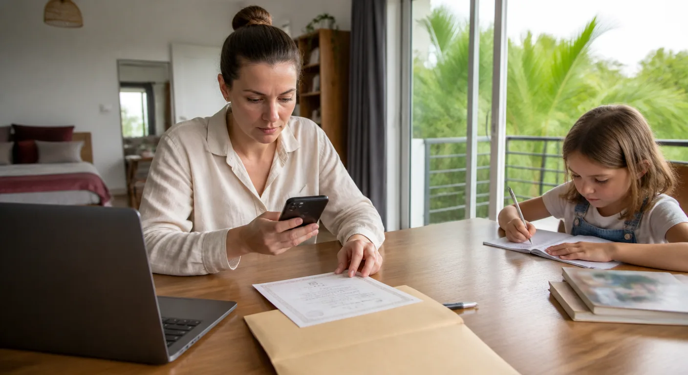 A parent scanning a family certificate at home while a child studies