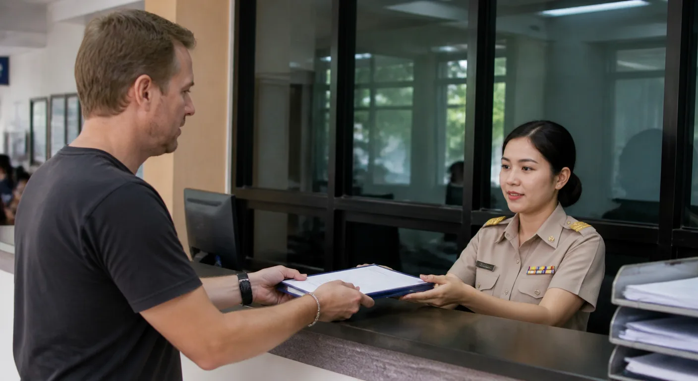 A foreign parent submitting a folder of documents at a Thai service counter