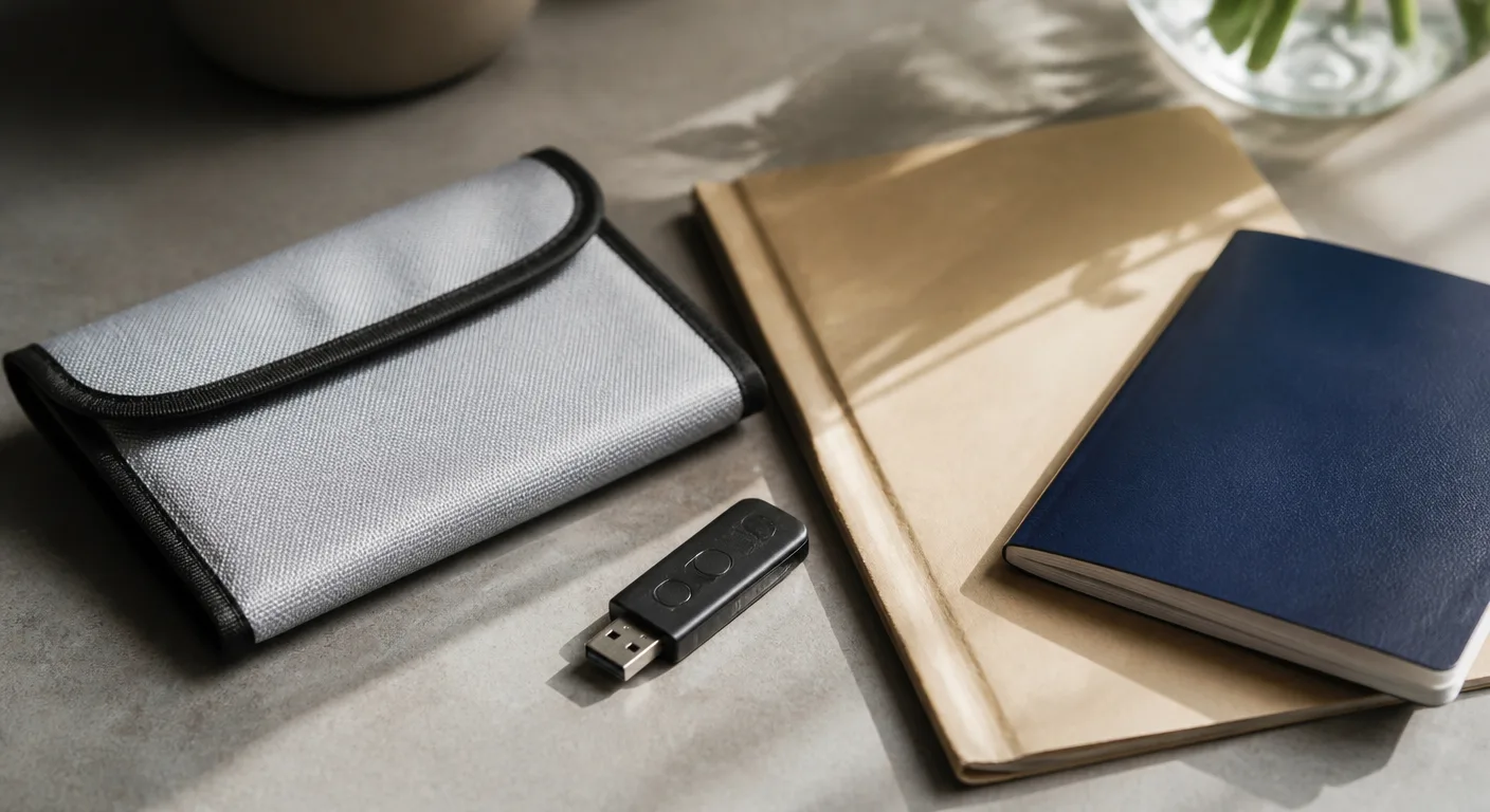 Paper and digital backups of family documents laid out together