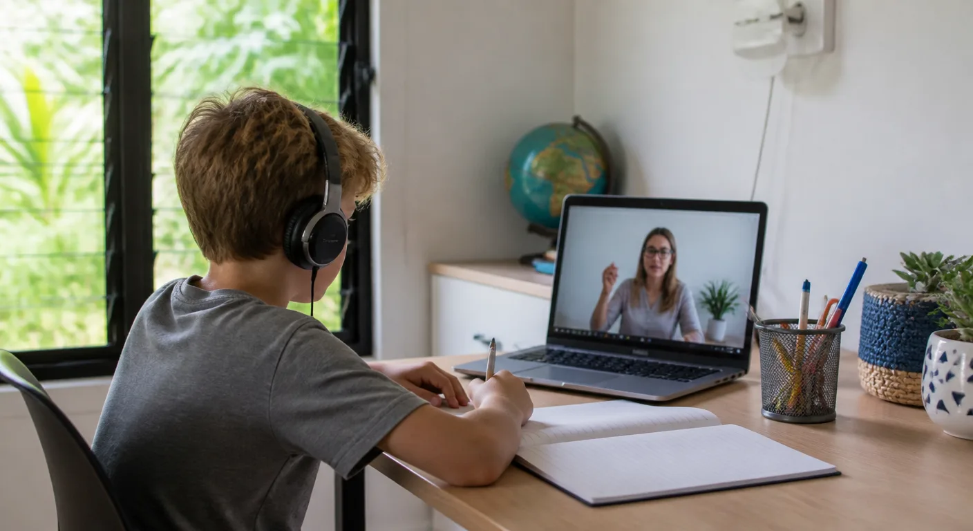 A child attending a live-taught online lesson from abroad