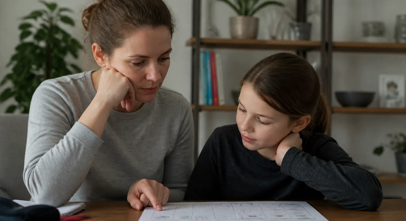 A parent and child reviewing a weekly online-school workload tracker