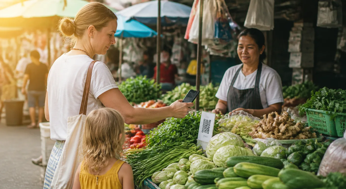 A foreign parent paying by QR code at a Thai market stall