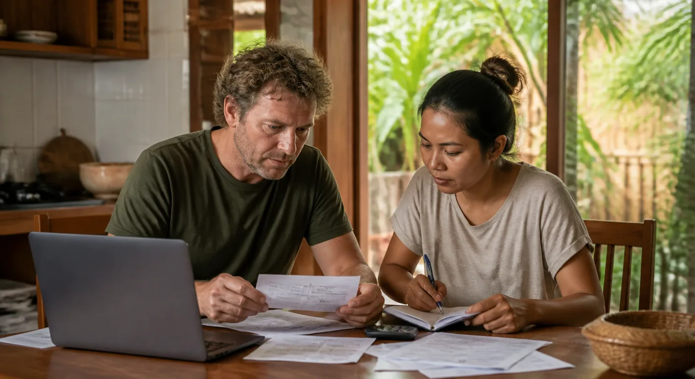A mixed-nationality couple reviewing household finances at home in Thailand