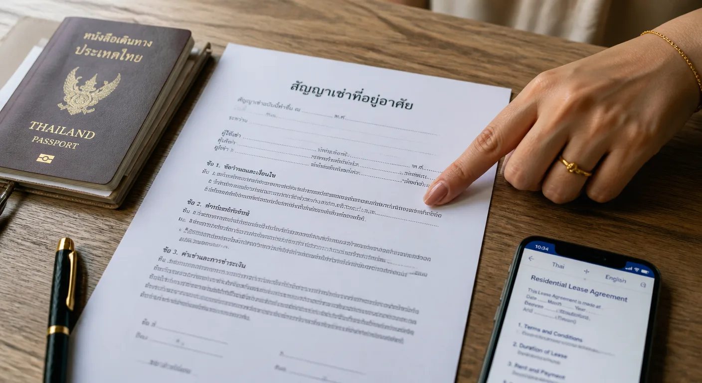 A Thai-language residential lease being checked clause by clause before signing