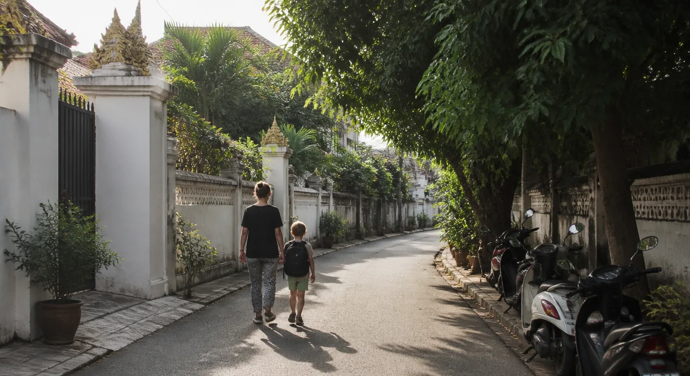 A residential side street in a family-friendly neighborhood in Thailand