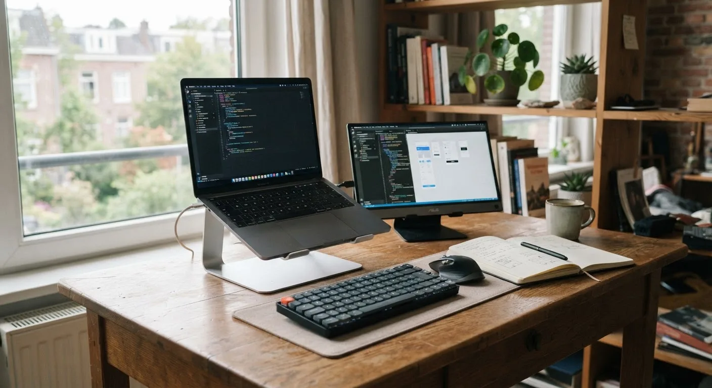 A portable desk setup in a rental apartment